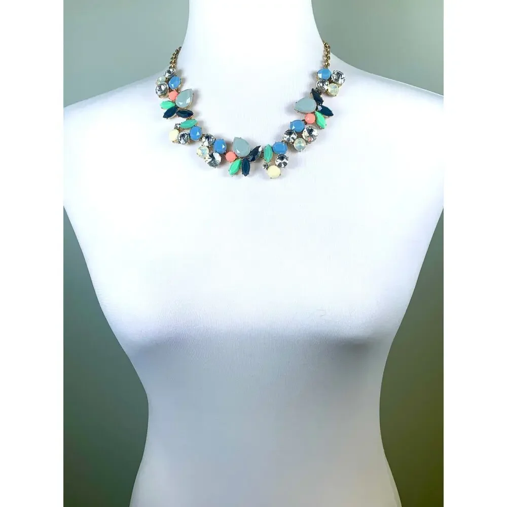 J. Crew Multicolor Pastel Crystal Cluster Party Statement Necklace EUC